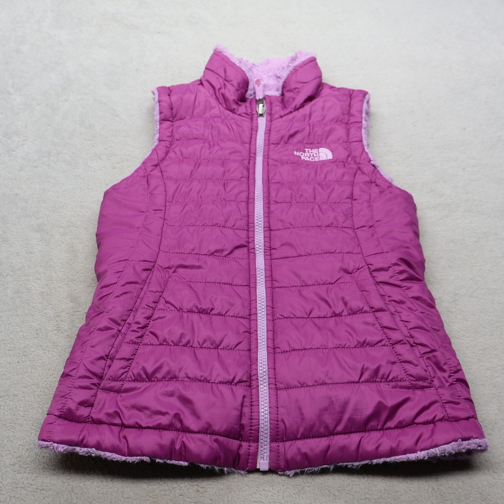 North Face Reversible Vest Girls Small 7/8 Pink Mossbud Swirl Insulated Quilted